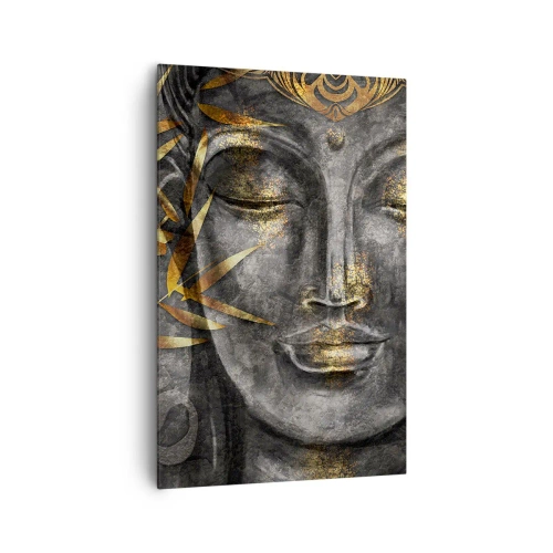 Obraz na płótnie - Zen wizerunek Buddy z złotymi bambusami - 80x120cm - Poczuj spokój - Nowoczesna dekoracja ścienna do salonu i sypialni ARTTOR