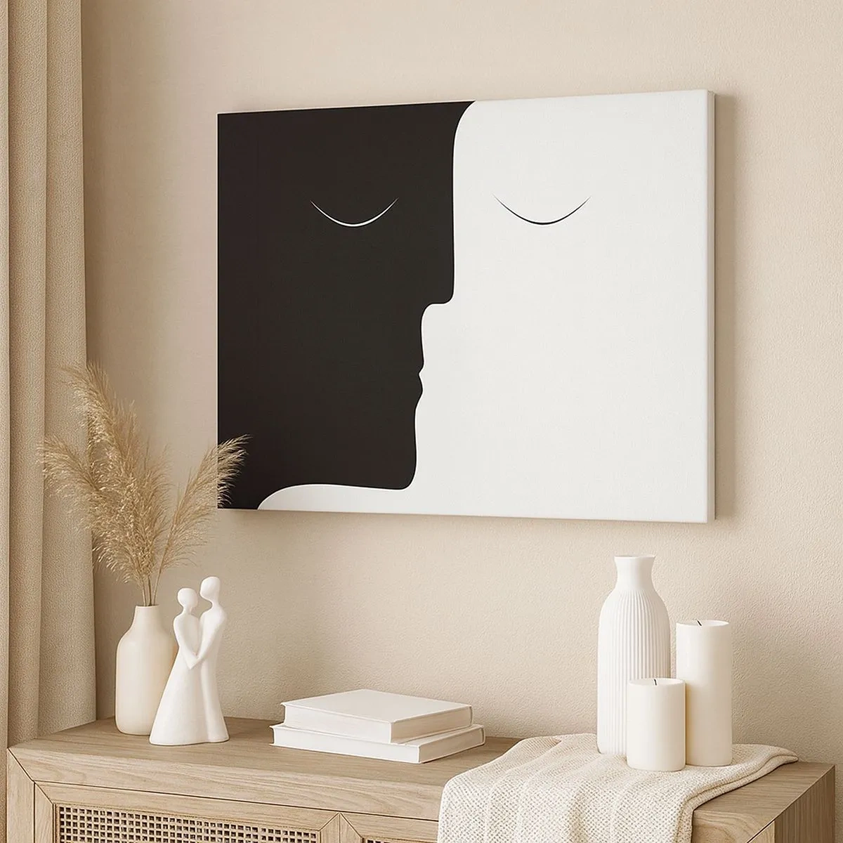 Obraz na płótnie - Minimalistyczna sylwetka dwóch twarzy w kontrastowych kolorach - 70x50cm - Jedność przeciwieństw - Nowoczesna dekoracja ścienna do salonu i sypialni ARTTOR
