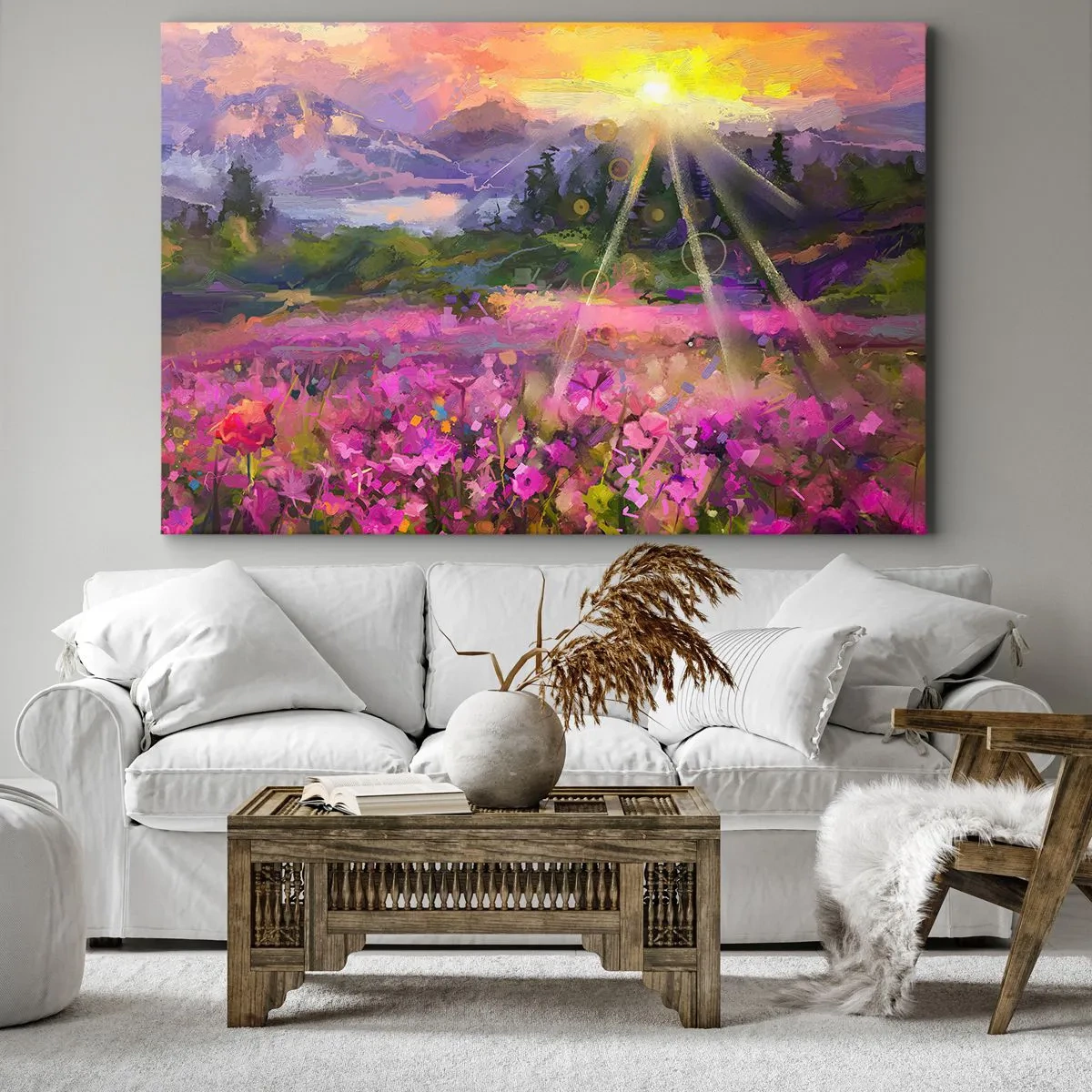Obraz na płótnie - Malownicza łąka w promieniach zachodzącego słońca - 70x50cm - W dolinie pod opieką słońca - Nowoczesna dekoracja ścienna do salonu i sypialni ARTTOR