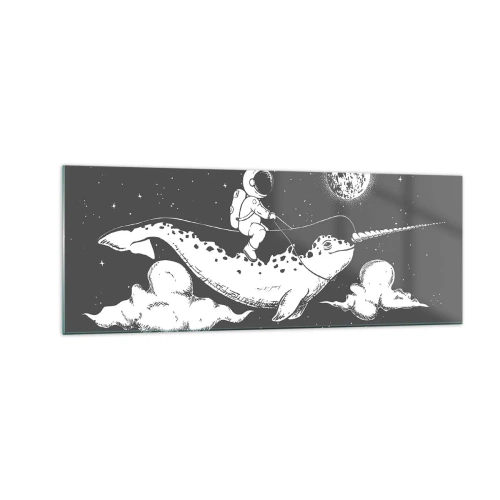 Obraz na szkle - Astronauta na grzbiecie narwala unoszącego się w kosmicznej scenerii - 140x50cm - Kosmiczny jeździec - Nowoczesna dekoracja ścienna do salonu i sypialni ARTTOR