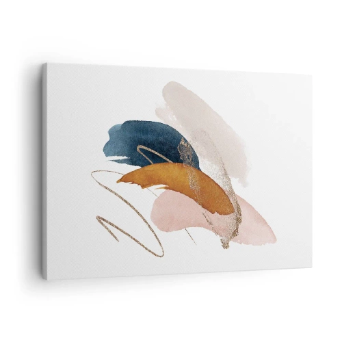 Obraz na płótnie - Abstrakcyjne pociągnięcia w pastelowych kolorach z akcentami złota - 70x50cm - Kompozycja uskrzydlona - Nowoczesna dekoracja ścienna do salonu i sypialni ARTTOR