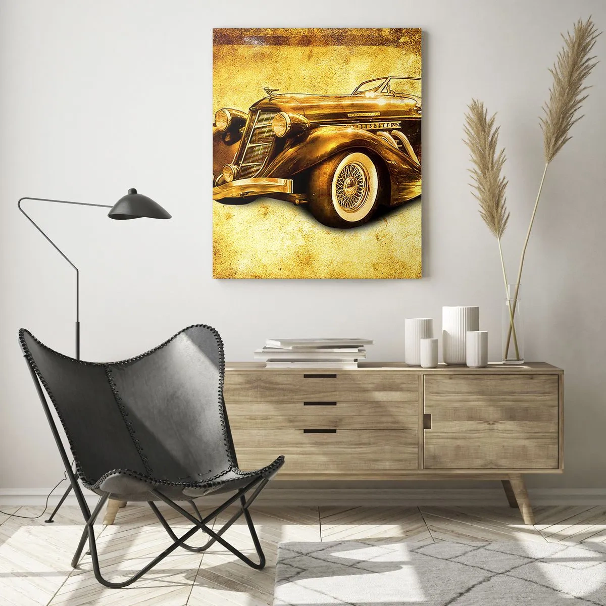 Obraz na szkle - Złoty klasyczny kabriolet retro na tle vintage w ciepłych barwach - 80x120cm - Elita elit - Nowoczesna dekoracja ścienna do salonu i sypialni ARTTOR
