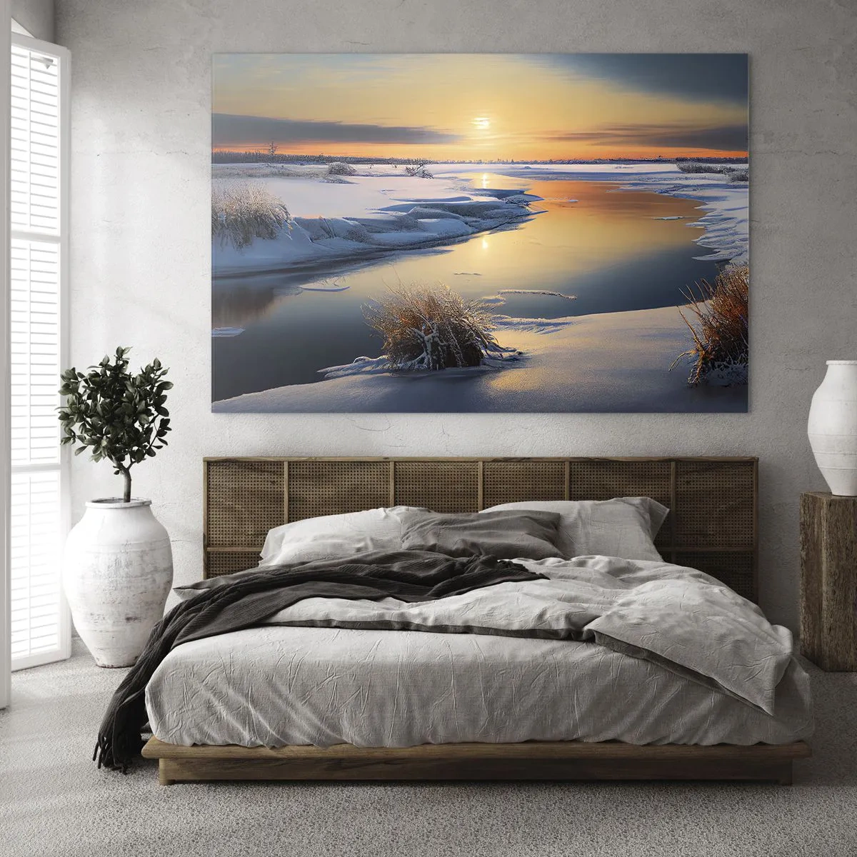 Obraz na szkle - Zimowy krajobraz z zachodem słońca nad zamarzniętą rzeką - 70x50cm - Zimowy zachód słońca - Nowoczesna dekoracja ścienna do salonu i sypialni ARTTOR