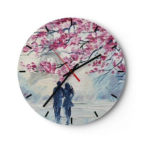 Zegar ścienny - Romantyczny obraz pary pod kwitnącymi różowymi drzewami - 30x30cm - Romantyczny spacer - Nowoczesna dekoracja ścienna do salonu, kuchni i sypialni ARTTOR