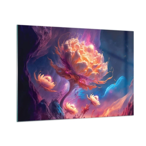 Obraz na szkle - Fantastyczny kwiat unoszący się w kosmicznej scenerii - 100x70cm - Inny świat - Nowoczesna dekoracja ścienna do salonu, kuchni i sypialni ARTTOR
