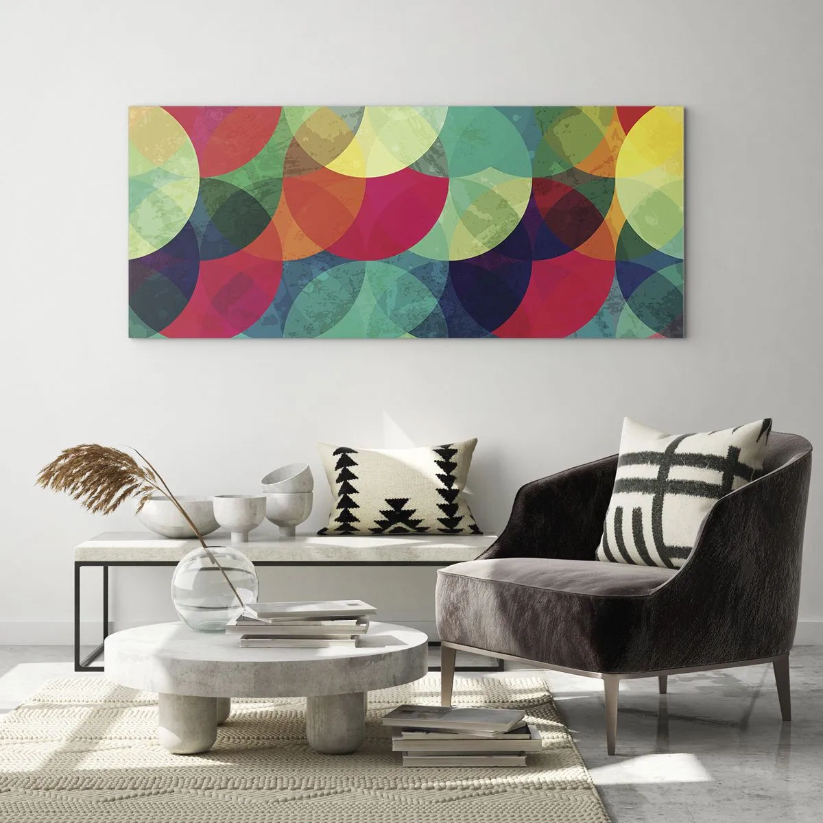 Obraz na szkle - Kolorowe geometryczne wzory złożone z kół i półkoli - 120x50cm - Wtęczowstąpienie - Nowoczesna dekoracja ścienna do salonu i sypialni ARTTOR