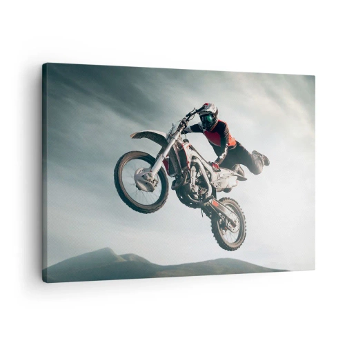 Obraz na płótnie - Motocyklista w powietrzu podczas skoku - 70x50cm - Nie ma zabawy bez ryzyka - Nowoczesna dekoracja ścienna do salonu i sypialni ARTTOR