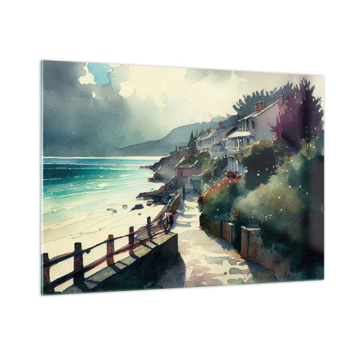 Obraz na szkle - Spacerowa alejka nadmorska przy kolorowych domach i wodzie - 100x70cm - Śródziemnomorskie miasteczko - Nowoczesna dekoracja ścienna do salonu, kuchni i sypialni ARTTOR