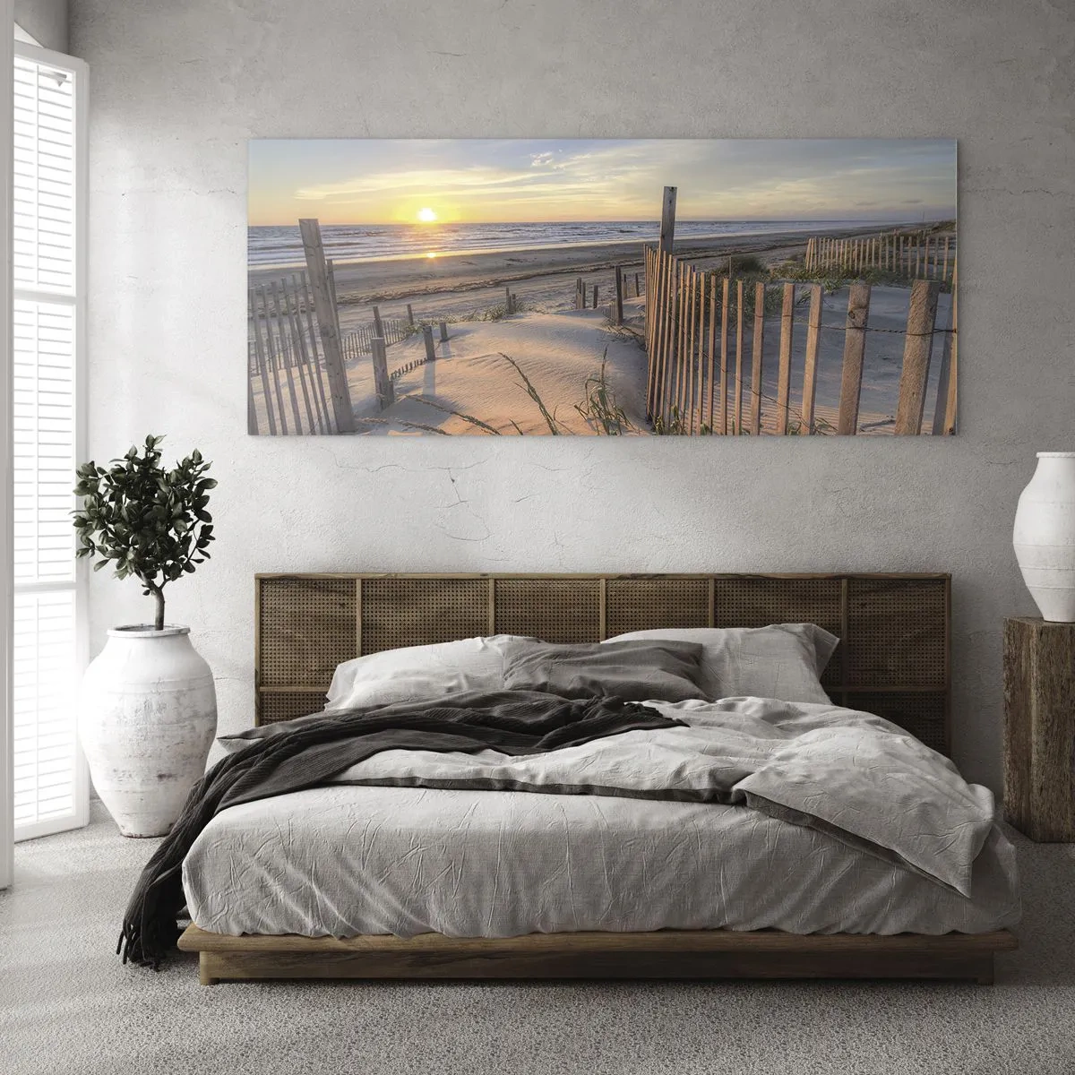Obraz na szkle - Plaża o zachodzie słońca z drewnianym ogrodzeniem - 120x50cm - Blask i cień wiatru - Nowoczesna dekoracja ścienna do salonu i sypialni ARTTOR