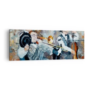 Obraz na płótnie - Muzycy jazzowi w stylu malarskim podczas koncertu - 140x50cm - Cały ten jazz - Nowoczesna dekoracja ścienna do salonu i sypialni ARTTOR