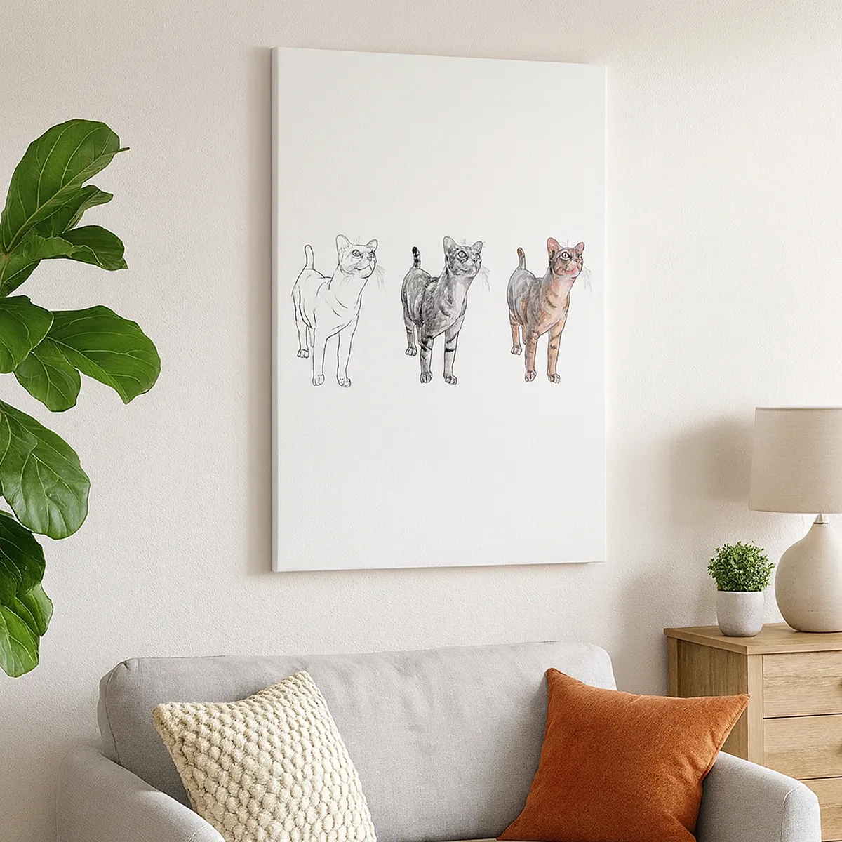 Obraz na płótnie - Ewolucja rysunku kota w trzech etapach - 50x70cm - Lekcja rysunku - Nowoczesna dekoracja ścienna do salonu, kuchni i sypialni ARTTOR