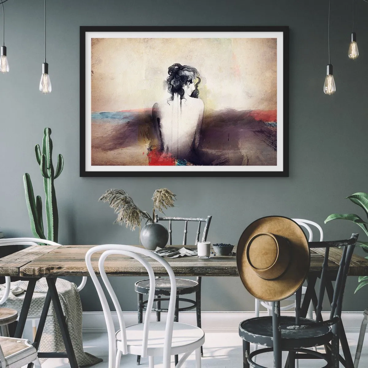 Plakat w czarnej ramie - Subtelny portret kobiety w artystycznym stylu - 70x50cm - Łagodne linie, owalne kształty - Nowoczesna dekoracja ścienna do salonu i sypialni ARTTOR