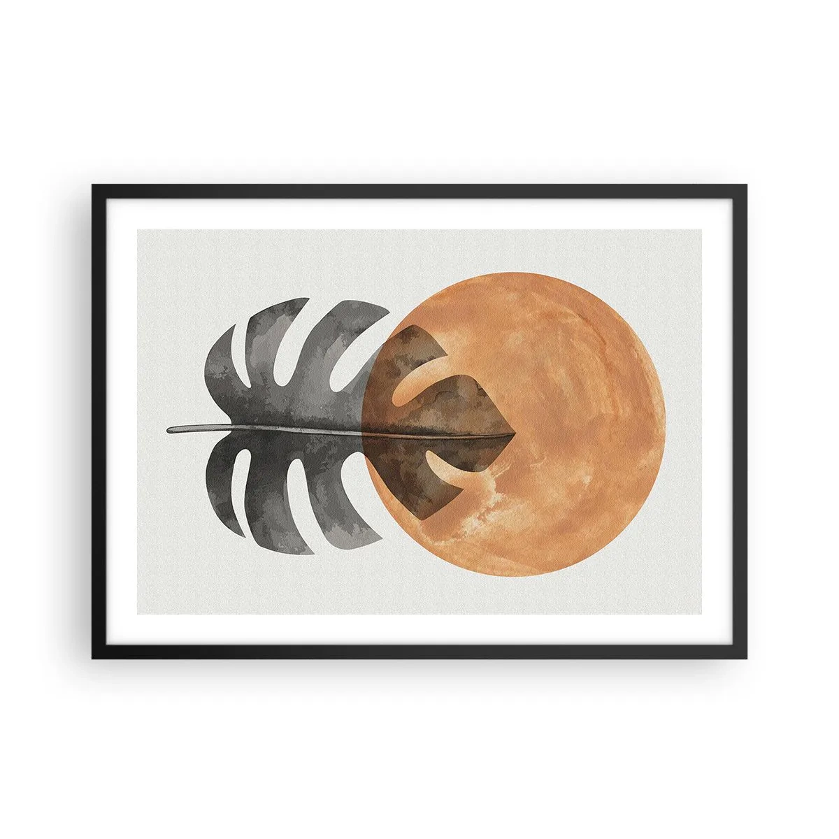 Plakat w czarnej ramie - Liść monstery i złote koło na jasnym tle - 70x50cm - Zawsze słońce - Nowoczesna dekoracja ścienna do salonu i sypialni ARTTOR