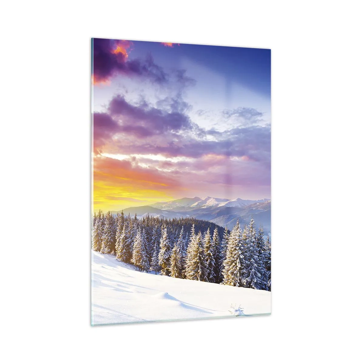Obraz na szkle - Zimowy krajobraz górski z ośnieżonymi drzewami i barwnym niebem - 50x70cm - W biały dzień - Nowoczesna dekoracja ścienna do salonu, kuchni i sypialni ARTTOR