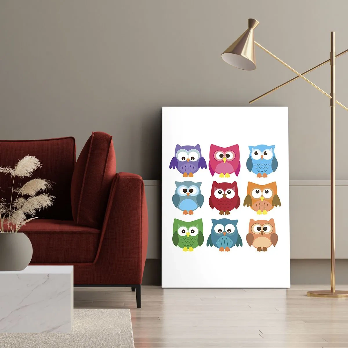 Obraz na płótnie - Kolorowe ilustracje sów w minimalistycznym stylu - 50x70cm - Różnić można się zabawnie - Nowoczesna dekoracja ścienna do salonu, kuchni i sypialni ARTTOR