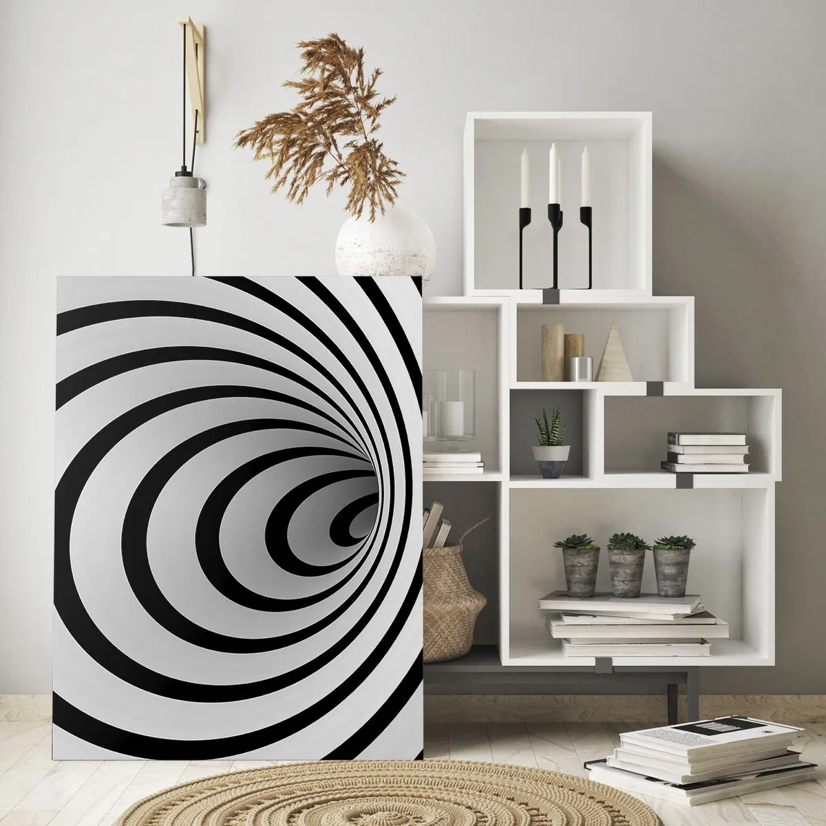 Obraz na szkle - Abstrakcyjny wzór spirali w czerni i bieli - 50x70cm - Też nie możesz się oprzec? - Nowoczesna dekoracja ścienna do salonu, kuchni i sypialni ARTTOR