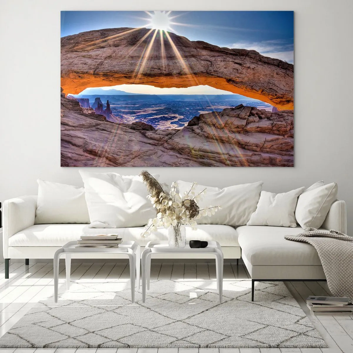 Obraz na szkle - Skalny łuk z promieniami słońca na tle krajobrazu - 100x70cm - Przez skalną bramę - Nowoczesna dekoracja ścienna do salonu, kuchni i sypialni ARTTOR