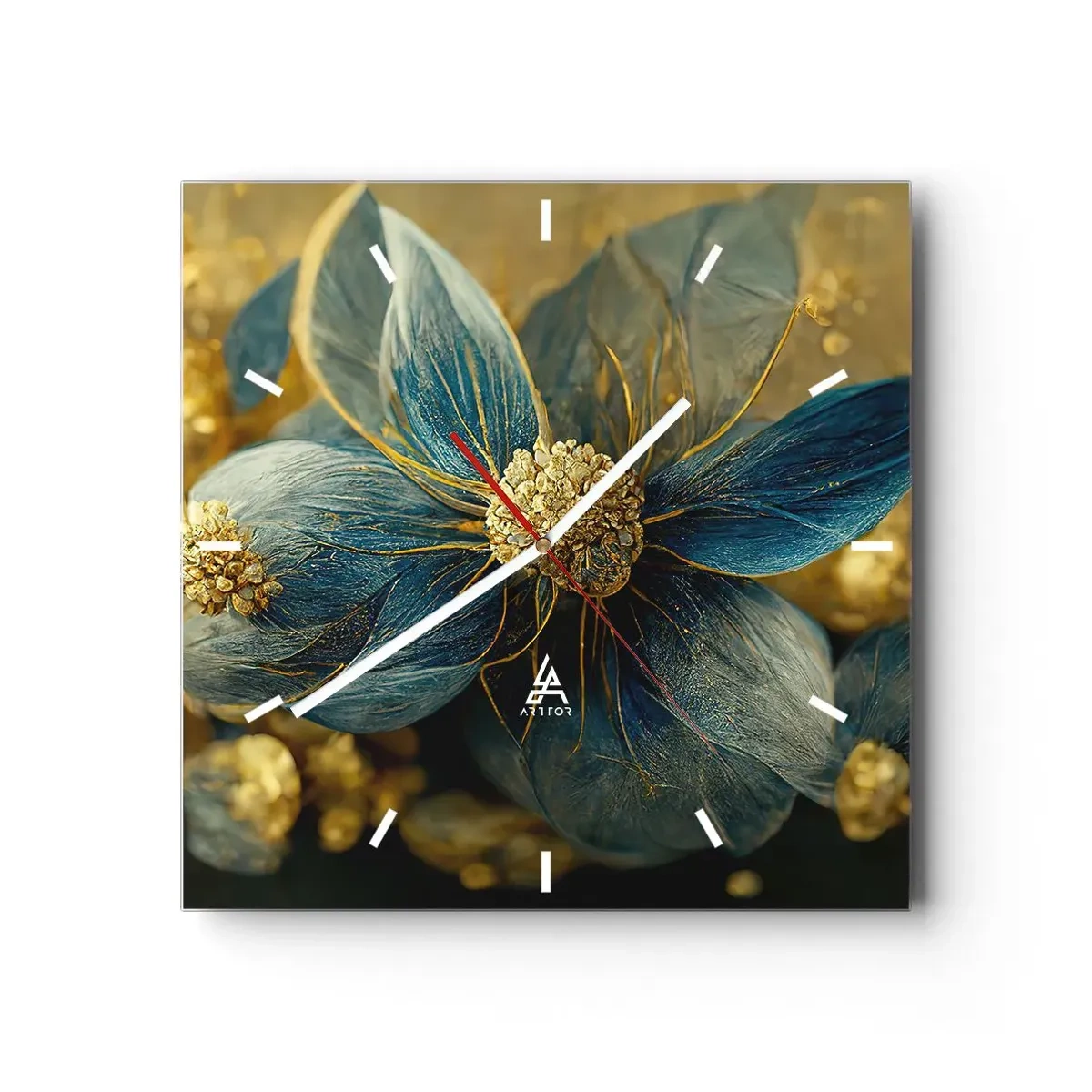 Zegar ścienny - Eleganckie kwiaty w odcieniach niebieskiego i złota - 30x30cm - Zakwitnąć złotem - Nowoczesna dekoracja ścienna do salonu i sypialni ARTTOR