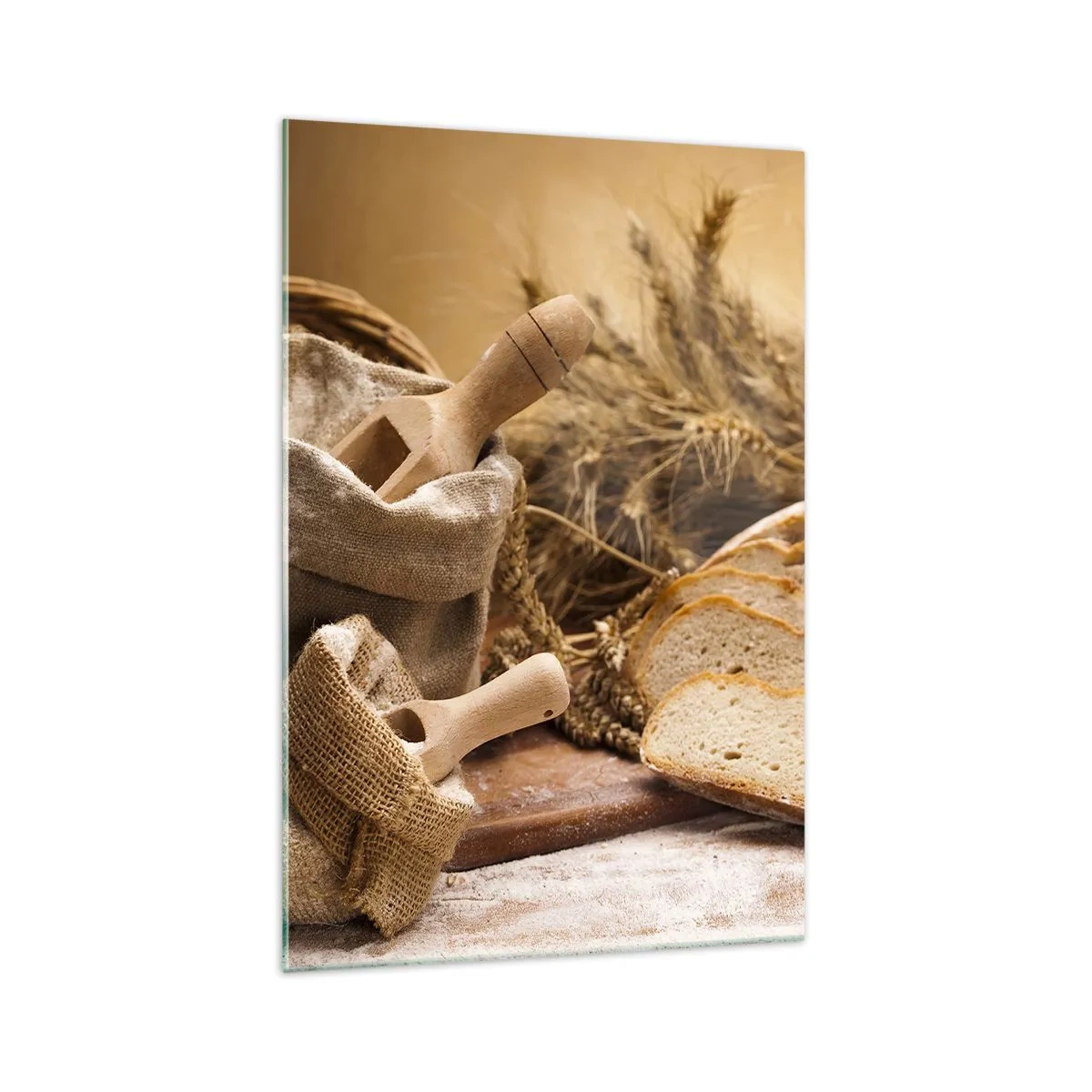 Obraz na szkle - Krajobraz z chlebem, mąką i kłosami zbóż w rustykalnym stylu - 70x100cm - Jak nożem uciął - Nowoczesna dekoracja ścienna do salonu i sypialni ARTTOR