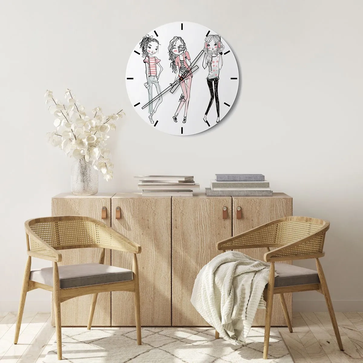 Zegar ścienny - Trzy dziewczyny w nowoczesnym stylu - 30x30cm - Będzie, będzie zabawa - Nowoczesna dekoracja ścienna do salonu, kuchni i sypialni ARTTOR
