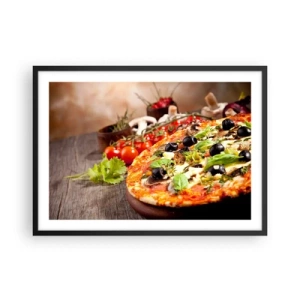 Plakat w czarnej ramie - Pizza z oliwkami, bazylią i świeżymi składnikami na drewnianym tle - 70x50cm - Z tellurycznych ingrediencji - Nowoczesna dekoracja ścienna do salonu i sypialni ARTTOR