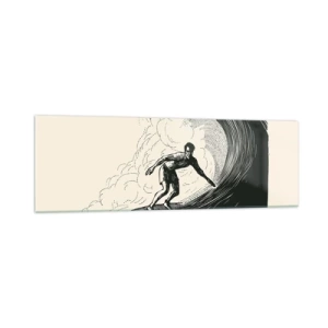 Obraz na szkle - Czarno-biała grafika surfera na fali - 160x50cm - Król fali - Nowoczesna dekoracja ścienna do salonu i sypialni ARTTOR