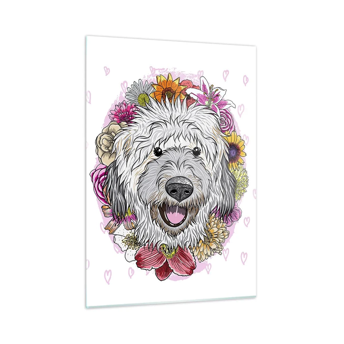 Obraz na szkle - Ilustracja przedstawiająca psa w otoczeniu kwiatów - 50x70cm - Szczenięca radość - Nowoczesna dekoracja ścienna do salonu, kuchni i sypialni ARTTOR