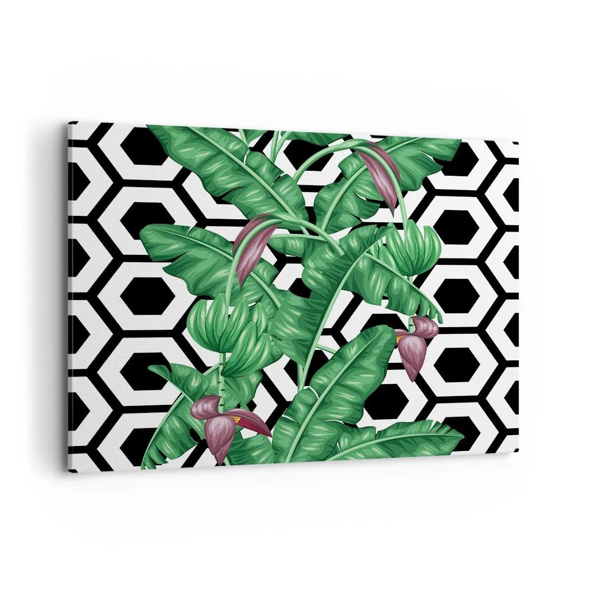 Obraz na płótnie - Tropikalne liście na geometrycznym tle - 120x80cm - Kompozycja symetryczna z natury - Nowoczesna dekoracja ścienna do salonu, kuchni i sypialni ARTTOR