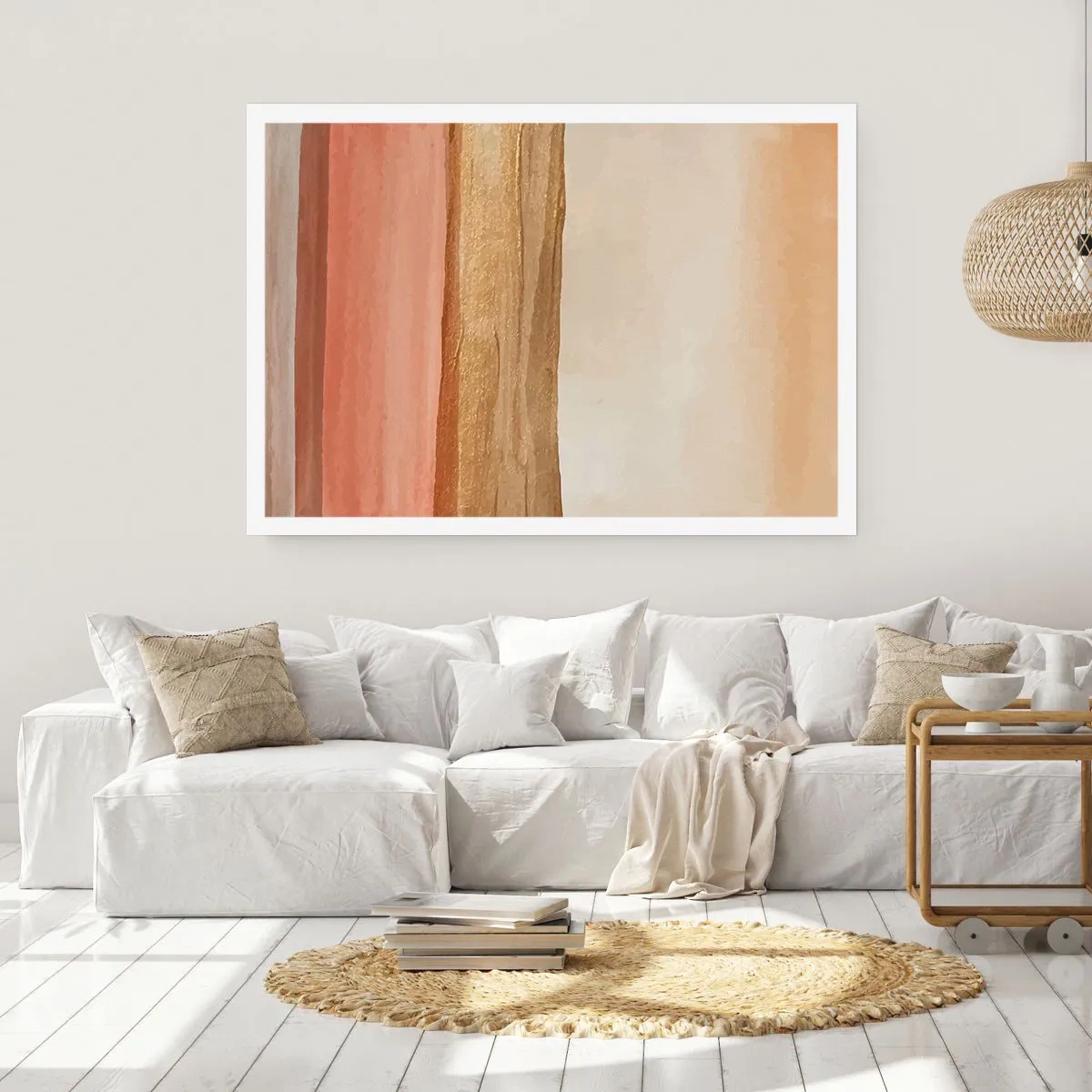 Plakat - Abstrakcyjne pasy w odcieniach beżu, złota i różu na płótnie - 100x70cm - Kompozycja wertykalna - Nowoczesna dekoracja ścienna do salonu i sypialni ARTTOR