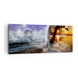 Obraz na płótnie - Fantastyczny krajobraz z morzem, drzewem i zachodem słońca. - 120x50cm - Pejzaż surrealistyczny - jedność natury - Nowoczesna dekoracja ścienna do salonu i sypialni ARTTOR