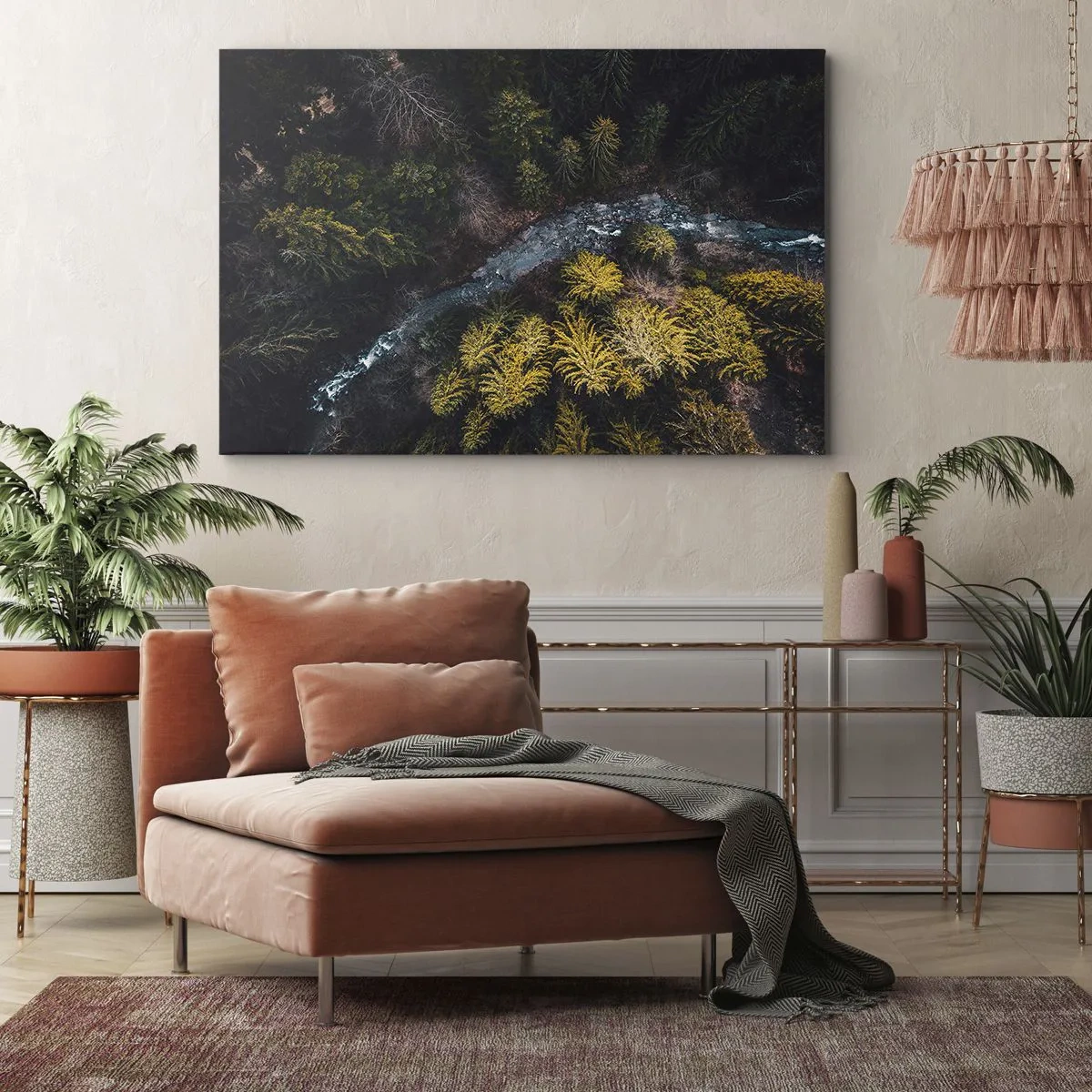 Obraz na płótnie - Widok z góry na las z wijącą się rzeką - 70x50cm - Szybko, coraz szybciej - Nowoczesna dekoracja ścienna do salonu i sypialni ARTTOR