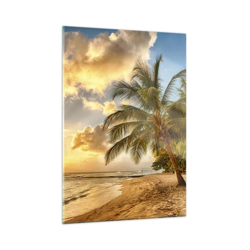 Obraz na szkle - Plaża z palmami o zachodzie słońca z ciepłymi kolorami nieba - 50x70cm - Wieczne lato, zawsze wakacje - Nowoczesna dekoracja ścienna do salonu, kuchni i sypialni ARTTOR