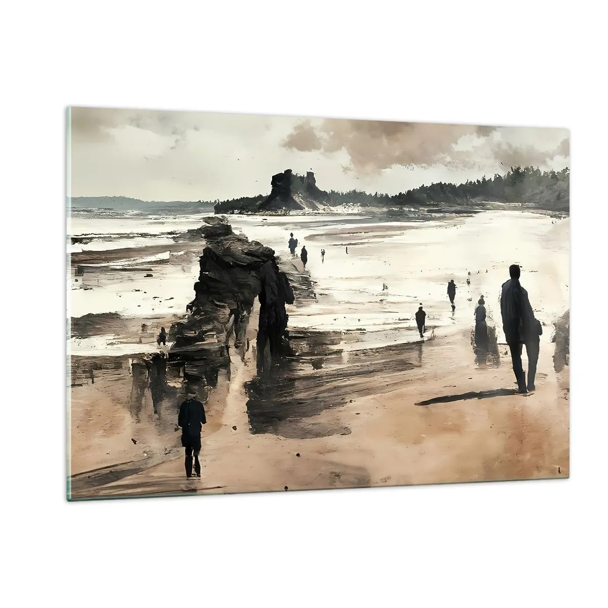 Obraz na szkle - Spacerujące sylwetki na szerokiej plaży przy pochmurnym niebie - 120x80cm - Przywołani - Nowoczesna dekoracja ścienna do salonu, kuchni i sypialni ARTTOR