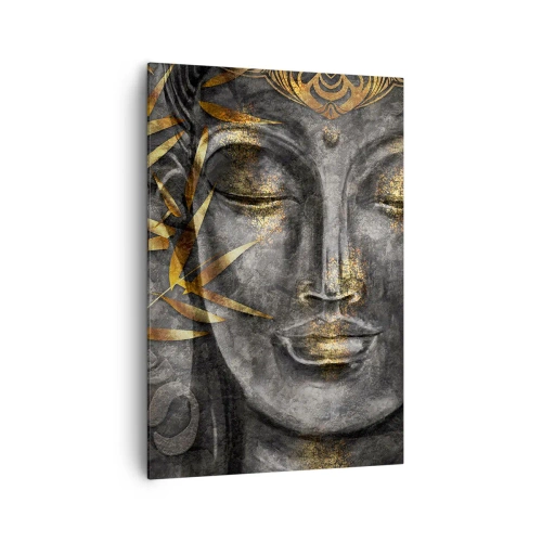 Obraz na płótnie - Zen wizerunek Buddy z złotymi bambusami - 70x100cm - Poczuj spokój - Nowoczesna dekoracja ścienna do salonu i sypialni ARTTOR