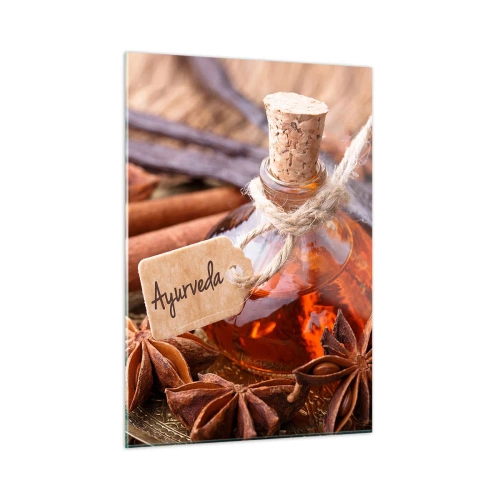 Obraz na szkle - Butelka z olejkiem i przyprawami w stylu ajurwedyjskim - 50x70cm - Ku jedności ciała i ducha - Nowoczesna dekoracja ścienna do salonu, kuchni i sypialni ARTTOR