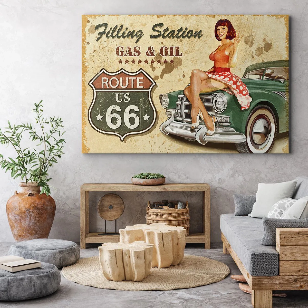 Obraz na płótnie - Plakat retro Route 66 z pin-up dziewczyną i samochodem - 120x80cm - Wspaniałe lata 40. - Nowoczesna dekoracja ścienna do salonu, kuchni i sypialni ARTTOR