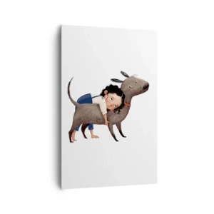 Obraz na płótnie - Ilustracja dziecka przytulającego psa w rysunkowym stylu - 80x120cm - Najlepsi przyjaciele - Nowoczesna dekoracja ścienna do salonu i sypialni ARTTOR