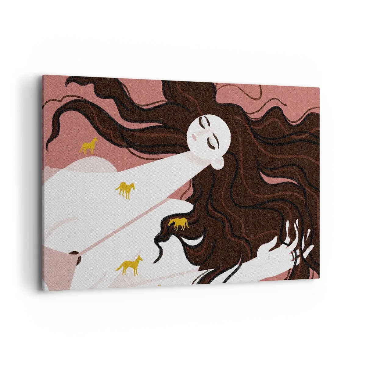 Obraz na płótnie - Postać z zamkniętymi oczami otoczona złotymi końmi - 120x80cm - Sen o złotym koniu - Nowoczesna dekoracja ścienna do salonu, kuchni i sypialni ARTTOR