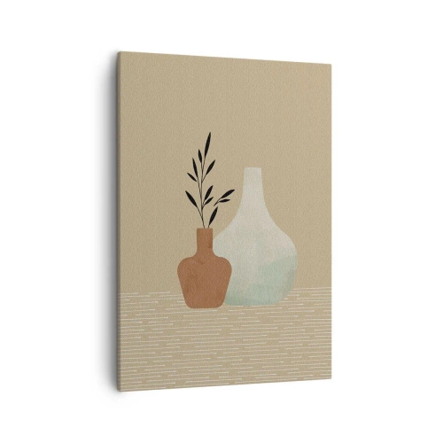 Obraz na płótnie - Minimalistyczna kompozycja dwóch wazonów na beżowym tle - 50x70cm - Wazon i jego idea - Nowoczesna dekoracja ścienna do salonu, kuchni i sypialni ARTTOR