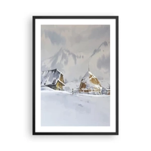 Plakat w czarnej ramie - Zimowy pejzaż z chatą i stogiem siana w górach - 50x70cm - W śnieżnej kotlinie - Nowoczesna dekoracja ścienna do salonu i sypialni ARTTOR