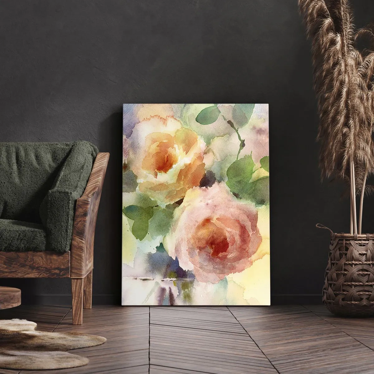 Obraz na płótnie - Akwarelowe kwiaty w pastelowych odcieniach różu i zieleni - 50x70cm - Delikatne jak akwarela - Nowoczesna dekoracja ścienna do salonu, kuchni i sypialni ARTTOR