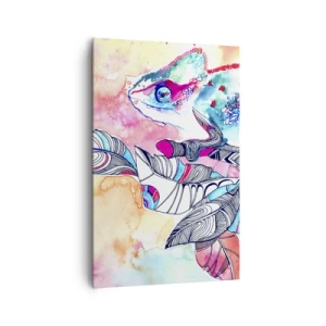 Obraz na płótnie - Kolorowy kameleon na tle abstrakcyjnych liści - 80x120cm - Kolorowy jak nasz świat - Nowoczesna dekoracja ścienna do salonu i sypialni ARTTOR