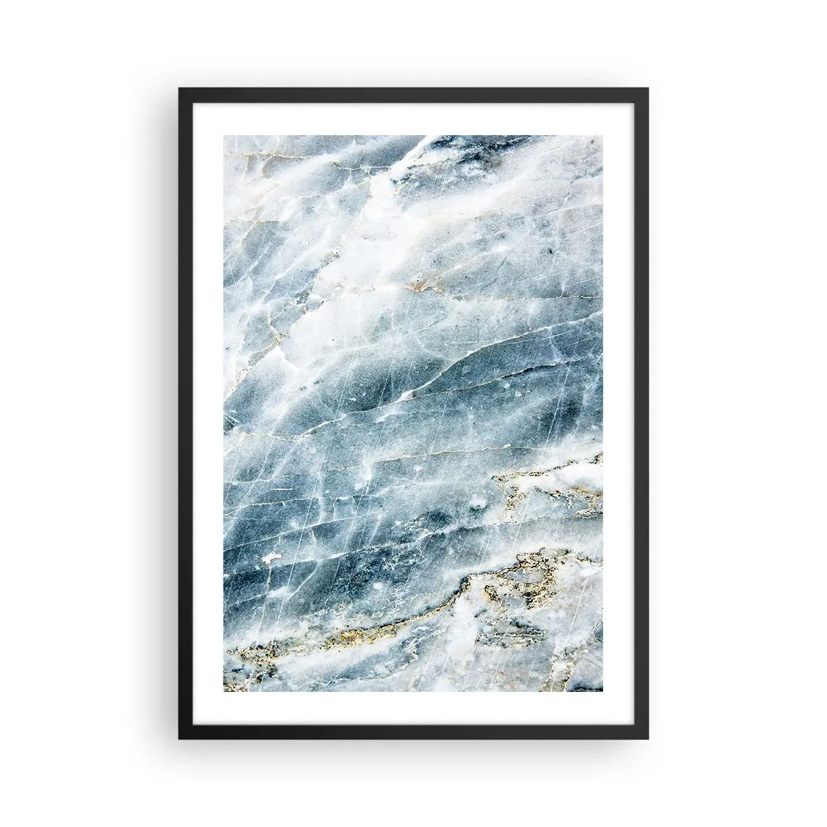 Plakat w czarnej ramie - Błękitny marmur z subtelnymi złotymi żyłkami - 50x70cm - Lodowy świat - Nowoczesna dekoracja ścienna do salonu i sypialni ARTTOR