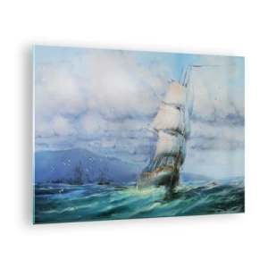 Obraz na szkle - Statek z żaglami płynący po wzburzonym morzu pod pochmurnym niebem - 70x50cm - Pomyślnych wiatrów - Nowoczesna dekoracja ścienna do salonu i sypialni ARTTOR