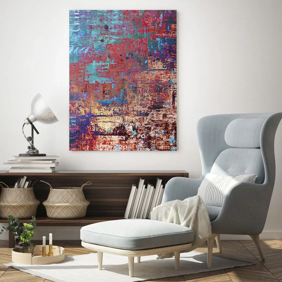 Obraz na szkle - Abstrakcyjna kompozycja w odcieniach niebieskiego i czerwieni - 50x70cm - Pamięć i niepamięć - Nowoczesna dekoracja ścienna do salonu, kuchni i sypialni ARTTOR