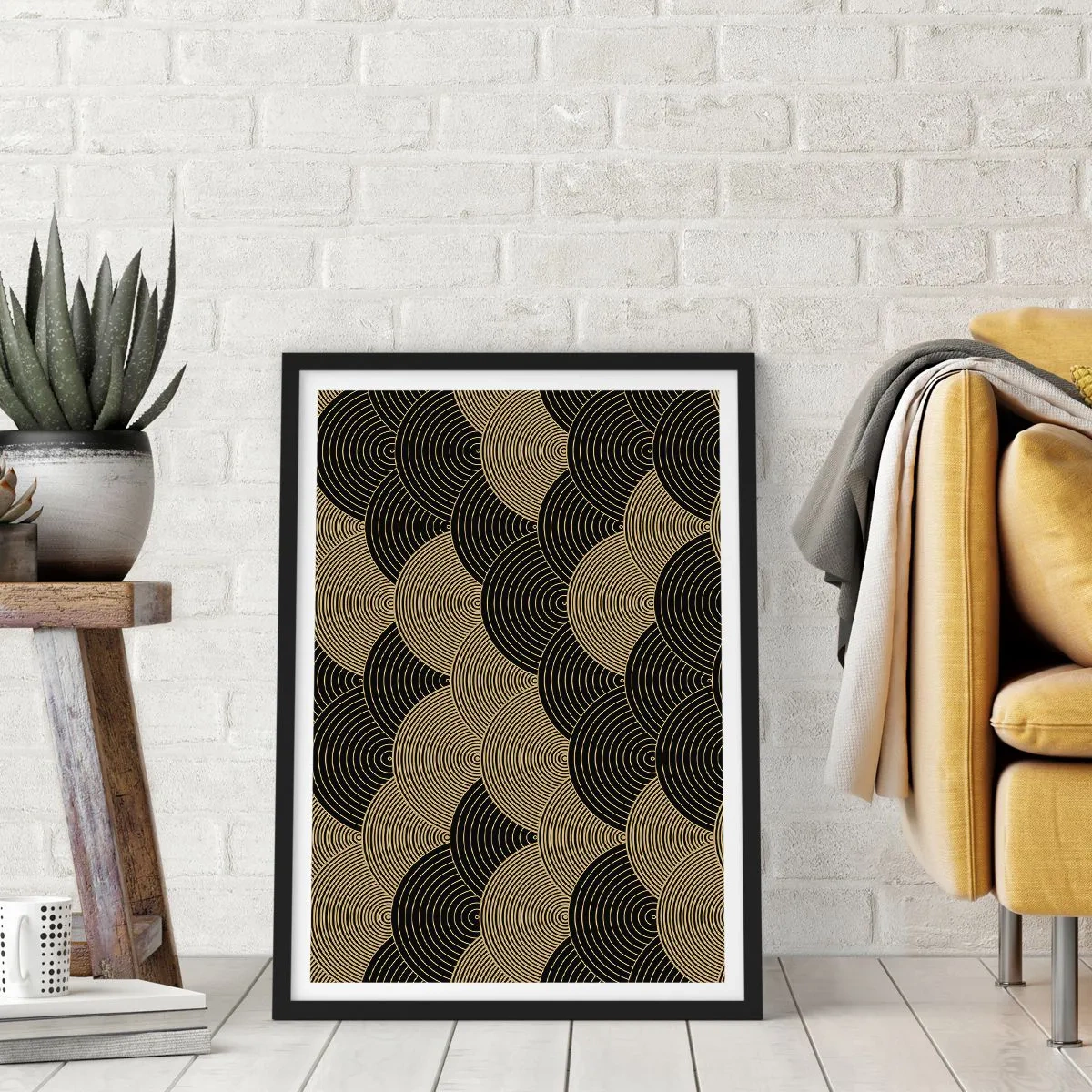 Plakat w czarnej ramie - Abstrakcyjny wzór w czarno-złotych okręgach - 50x70cm - Jedność w wielości - Nowoczesna dekoracja ścienna do salonu i sypialni ARTTOR