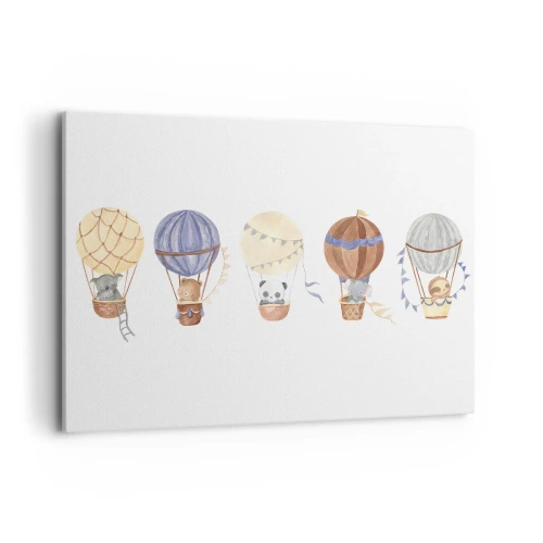 Obraz na płótnie - Urocze zwierzęta w balonach na białym tle - 100x70cm - Przyjaciele w podróży - Nowoczesna dekoracja ścienna do salonu, kuchni i sypialni ARTTOR