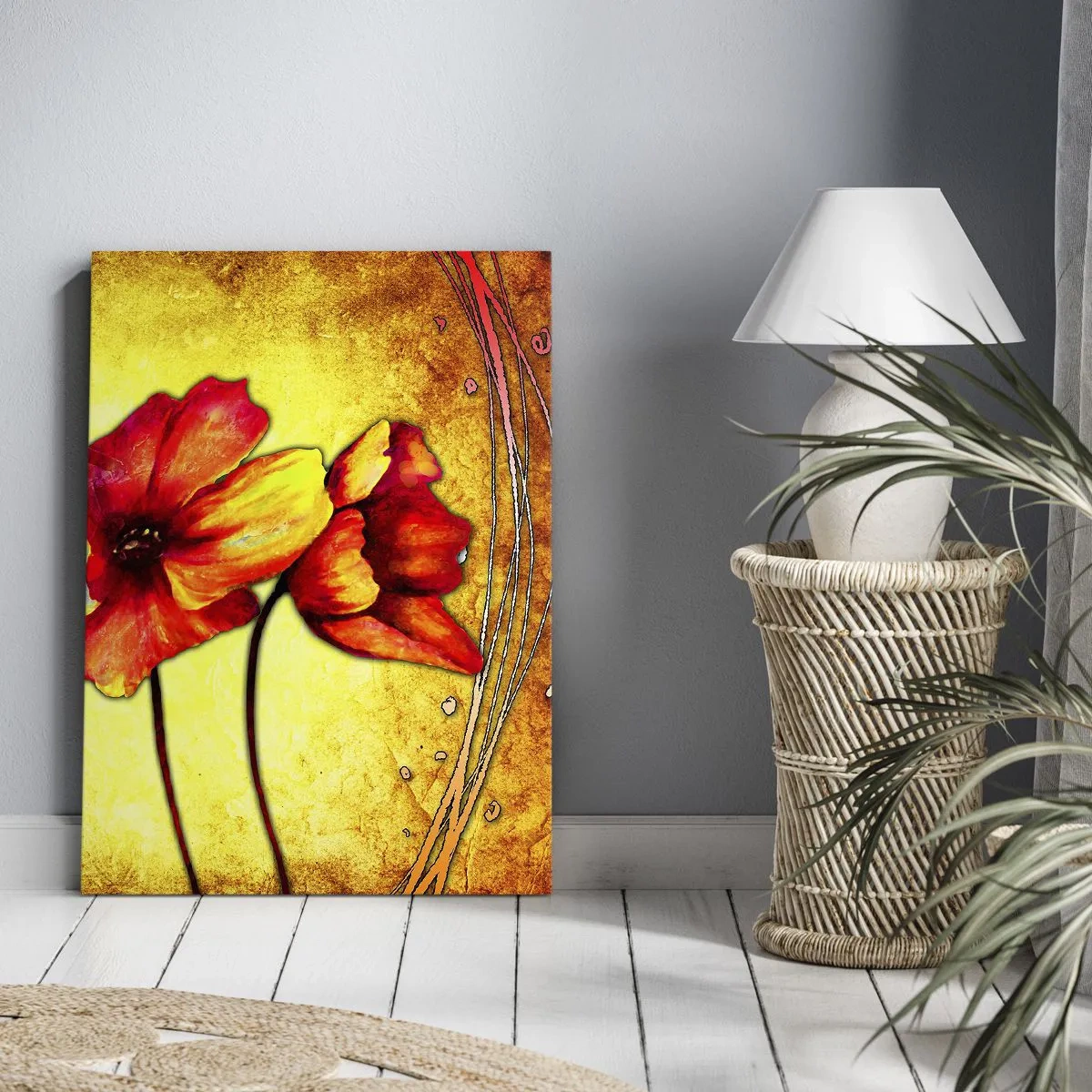 Obraz na płótnie - Czerwono-żółte kwiaty na tle w ciepłych barwach - 50x70cm - W secesyjnej dekoracji - Nowoczesna dekoracja ścienna do salonu, kuchni i sypialni ARTTOR