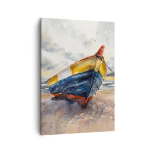 Obraz na płótnie - Akwarelowa ilustracja kolorowej łodzi na piaszczystej plaży - 50x70cm - Odpoczynek na brzegu - Nowoczesna dekoracja ścienna do salonu, kuchni i sypialni ARTTOR