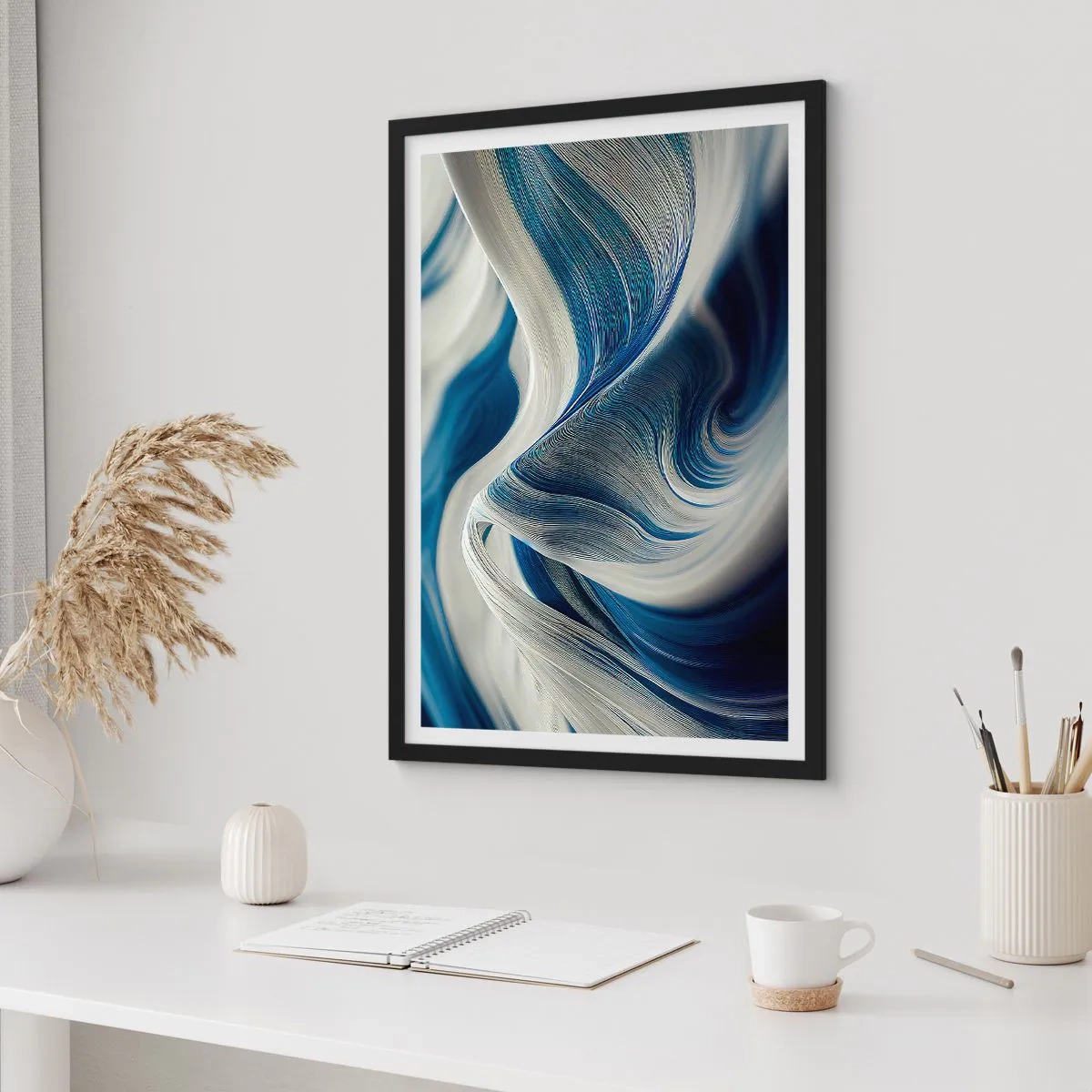Plakat w czarnej ramie - Płynność błękitu i bieli - 30x40 cm